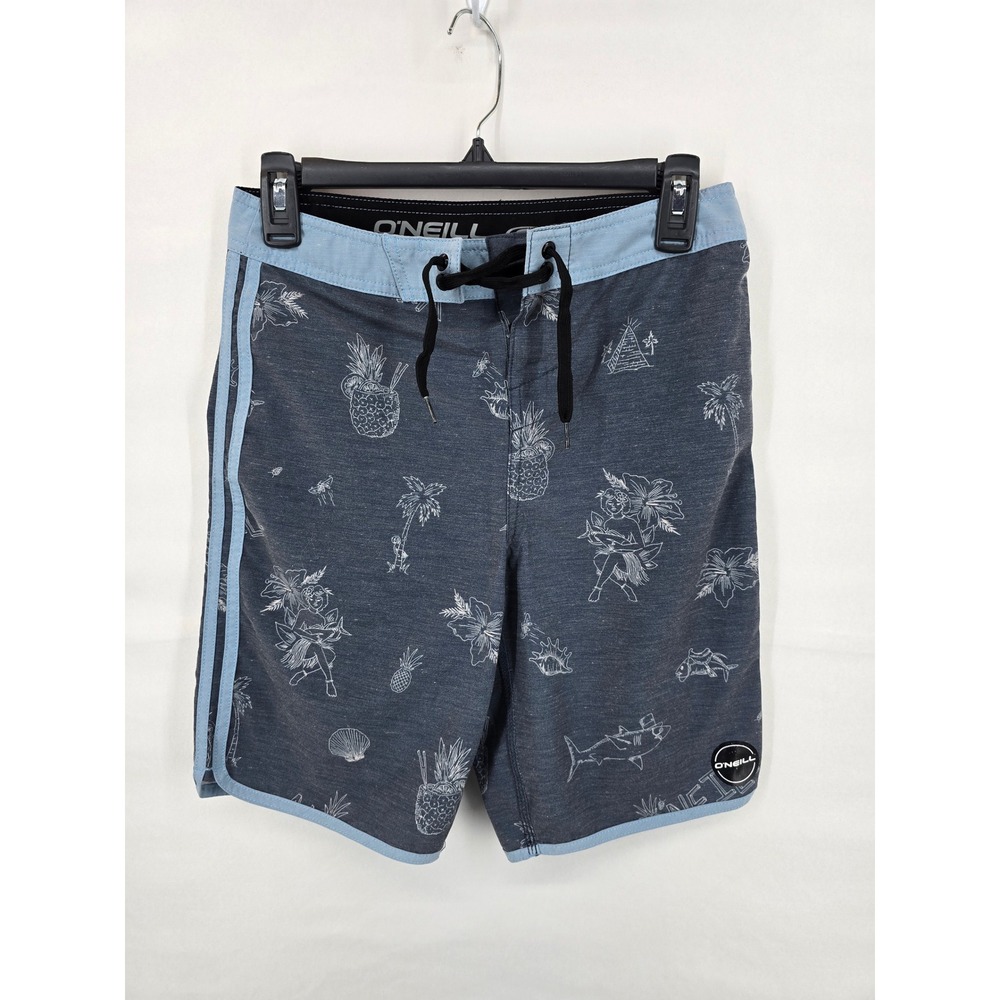 ONeill Boys Board Shorts Size 14 Gray Blue Tropical Aloha Print Swim Trunks
